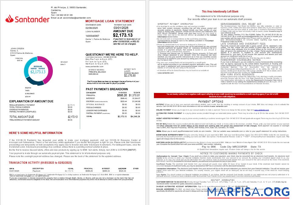 Realistic Spain Santander bank mortgage statement in Word and PDF formats 1 2 example